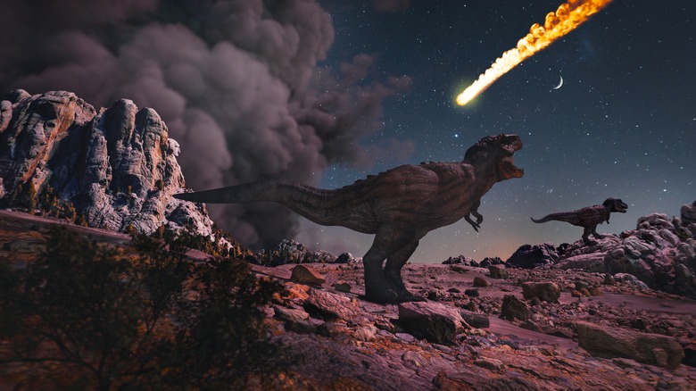 Dinosaurs are observing an asteroid impact
