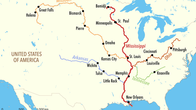 Missouri and Mississippi Rivers outlined on a map