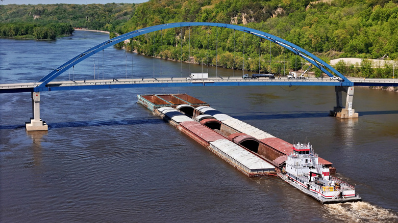 A barge traveling on the Mississippi River