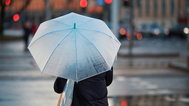 Person with clear umbrella walking in city