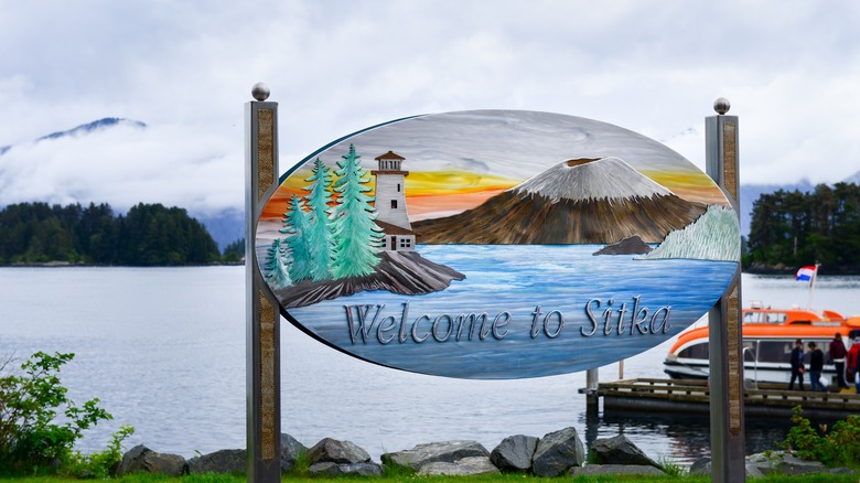 Sitka welcome sign on a cloudy day