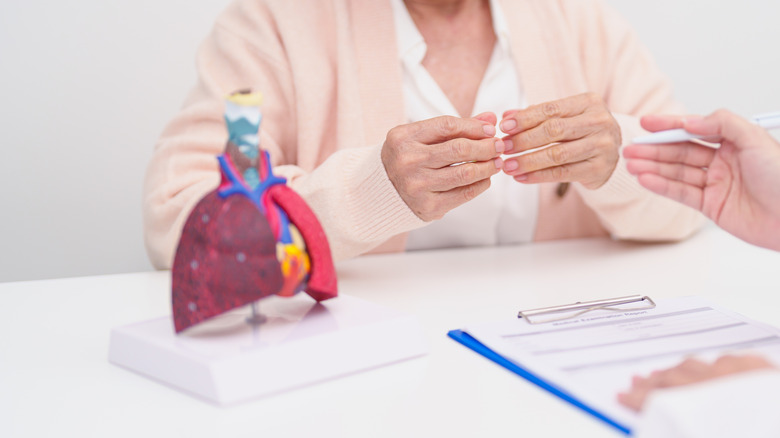 Doctor and patient sitting with a model of the human respiratory system