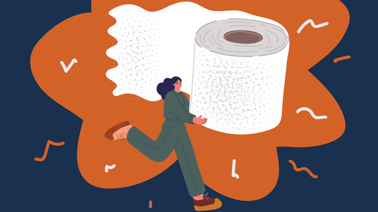 Cartoon woman running with a giant roll of toilet paper in her hands