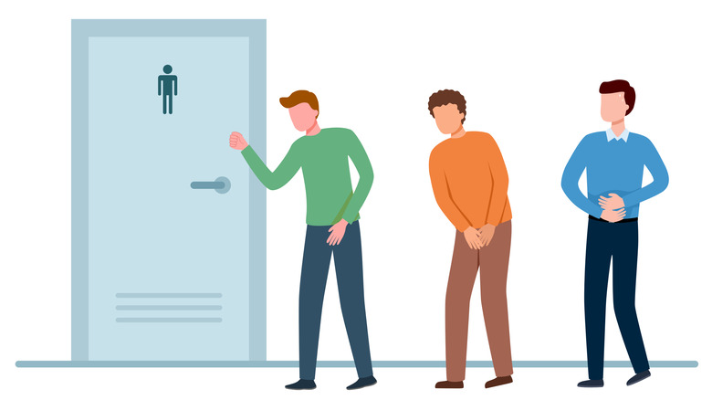 Concept of three men in line at a restroom holding their pee and poop