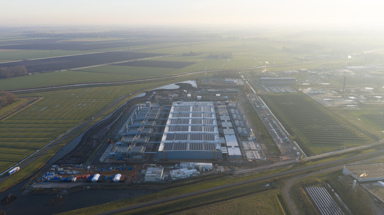An aerial view of a large data center.
