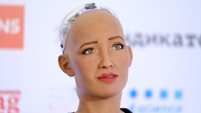 Humanoid robot Sophia is looking thoughtful