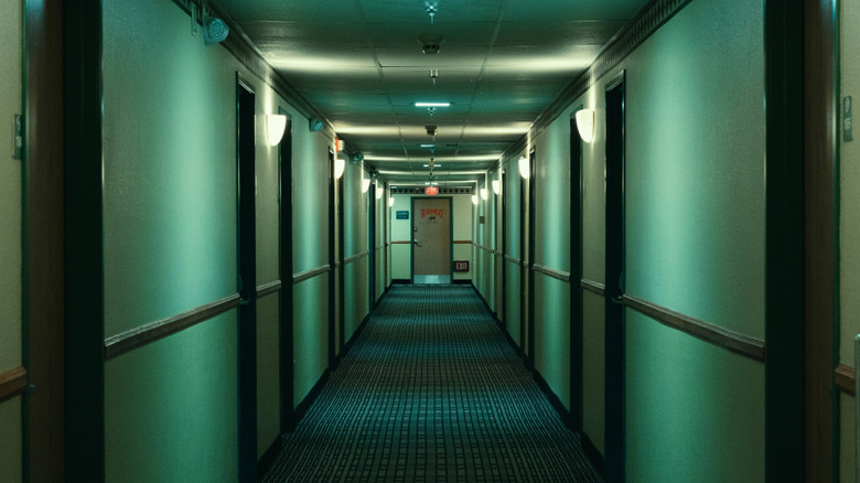 Low-lit hallway in a hotel