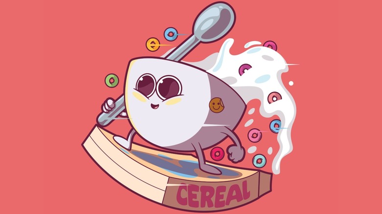 Cartoon bowl of cereal with milk and a spoon surfing on a box of cereal