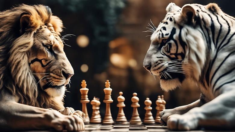 Rendered image of a lion (left) and tiger (right) playing chess