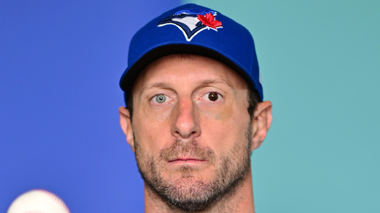 Close-up of Toronto Blue Jays pitcher Max Scherzer with complete heterochromia: one blue eye and one brown eye