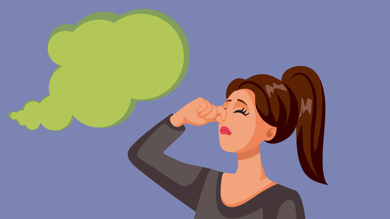 illustrated woman holding her nose in front of a green gas cloud