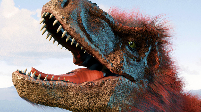 A feathered Tyranosaurus is seen roaring in closeup