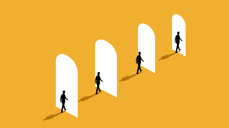 Vector art of a man entering a doorway repeated four times.
