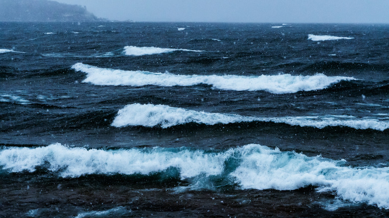 Waves crashing on Lake Superior during a wintery storm