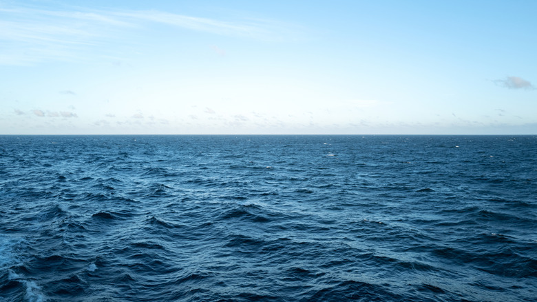 The surface of the ocean is seen below a clear sky