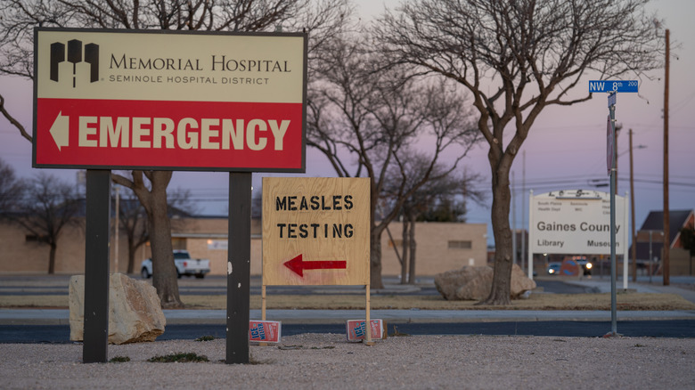 A sign advertising measles testing in Seminole, Texas