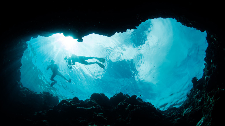 Two snorklers look down into the mouth of a small blue hole cavern