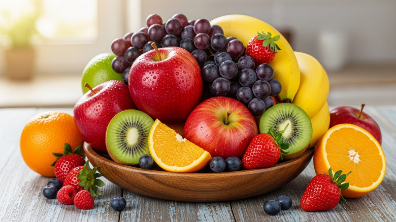 Wooden bowl of assorted fresh fruit