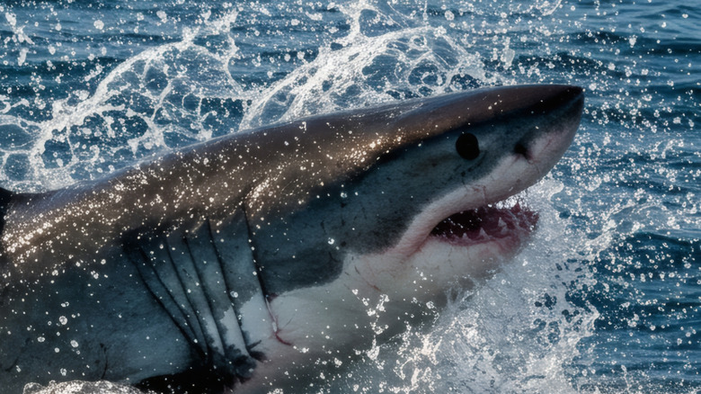 Close-up of a great white shark breaching the ocean surface