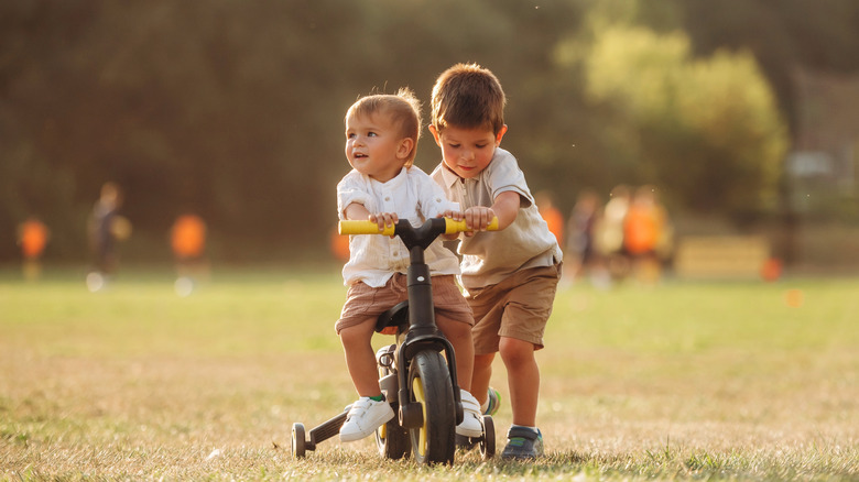 two children play in a grassy field on a plastic bike