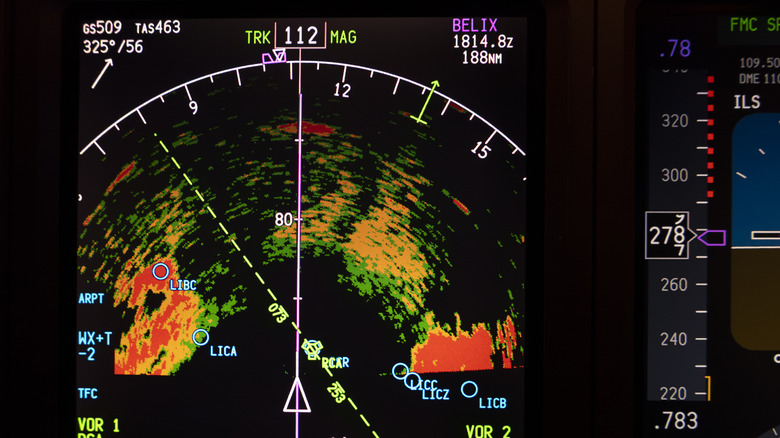 Closeup of an airplane cockpit weather radar screen showing storms in the area