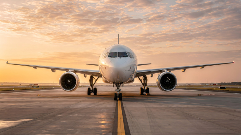 A two engine commercial jet sits on the tarmac with the sun low in the sky