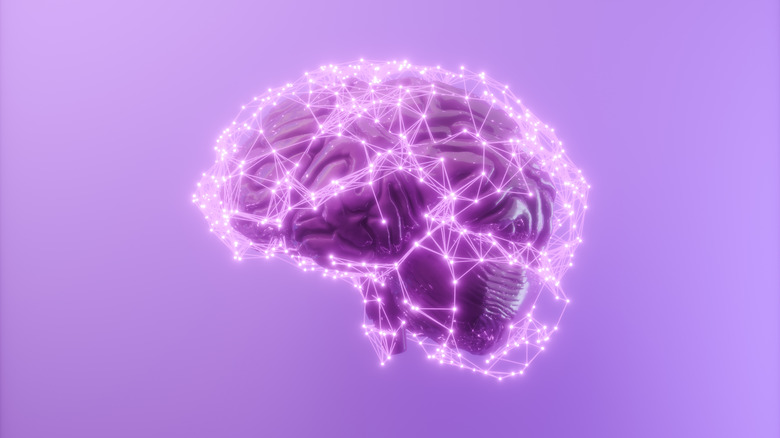 An illustration of a purple brain over a purple background, illuminating regions of the brain connecting.