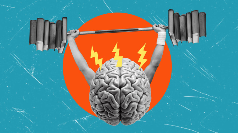 A collage depicting a brain lifting weights.