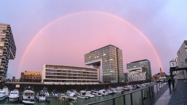 A red (monochrome) rainbow in the Rheinauhafen district of Cologne, Germany