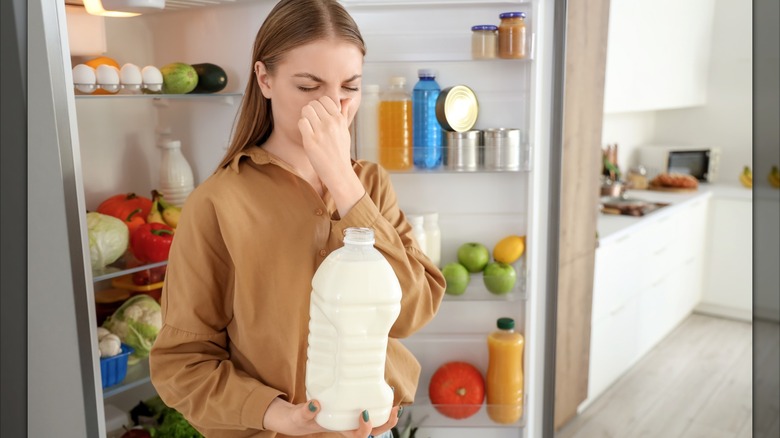 Woman recoiling and holding her nose after smelling spoiled container of milk