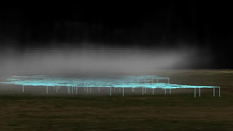 3D model of megaflash, pixelated cloud, lightning path in blue web