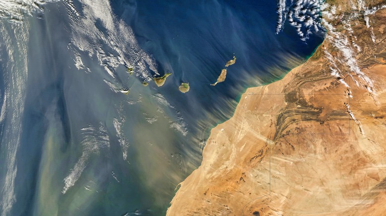 Satellite image of western Saharan coast, desert sands blowing into Atlantic