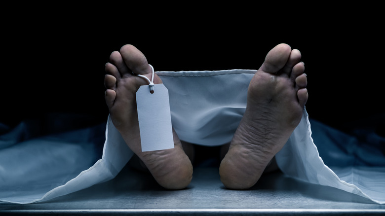 Close up of body in mortuary with toe tag