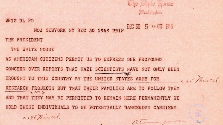 First page of a transcription of a protest telegram about Operation Paperclip sent to Harry S. Truman by the Council Against Intolerance In America, endorsed by several signatories, including Albert Einstein, on December 30, 1946.
