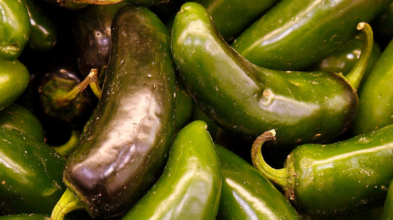 Close-up of jalapeños on display for purchase at a store