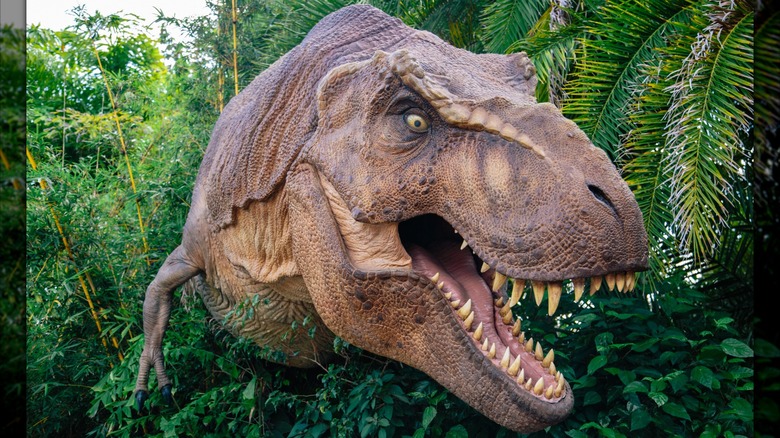 The top half of a T. rex animatronic coming out of the bushes in the 