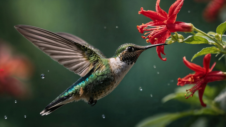 A hummingbird dips its beak into a flower against a green background