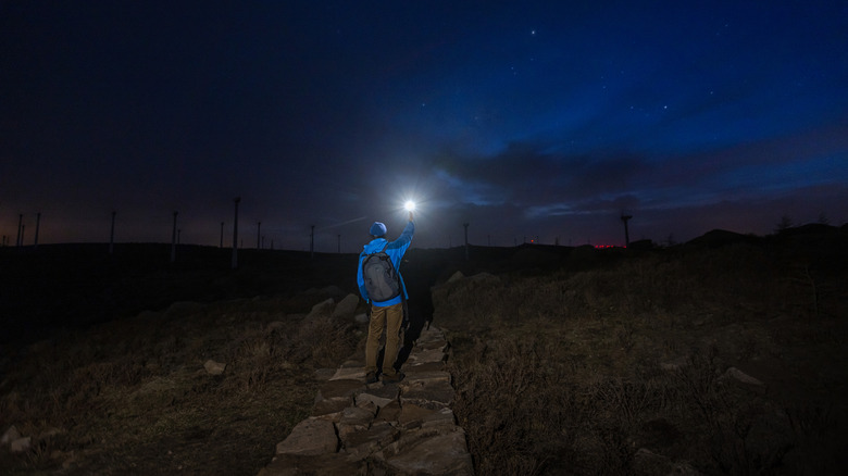 Hiker with backpack holds up light in the middle of a field at night