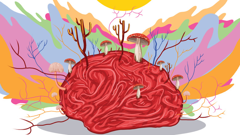 Artistic painting of brain with mushrooms and mycelium growing out of it