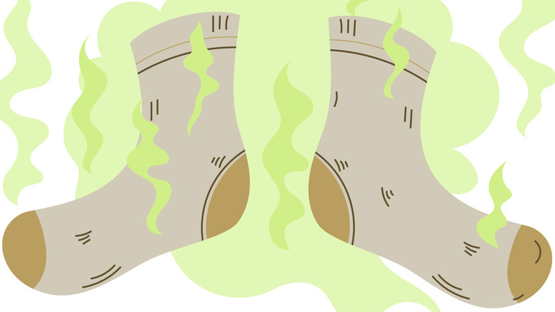 Green cloud emanating from socks to suggest that they smell bad