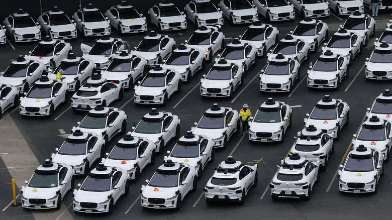 Waymo robotaxis in parking lot