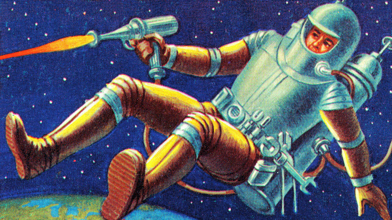 comic book art of astronaut with futuristic weapon