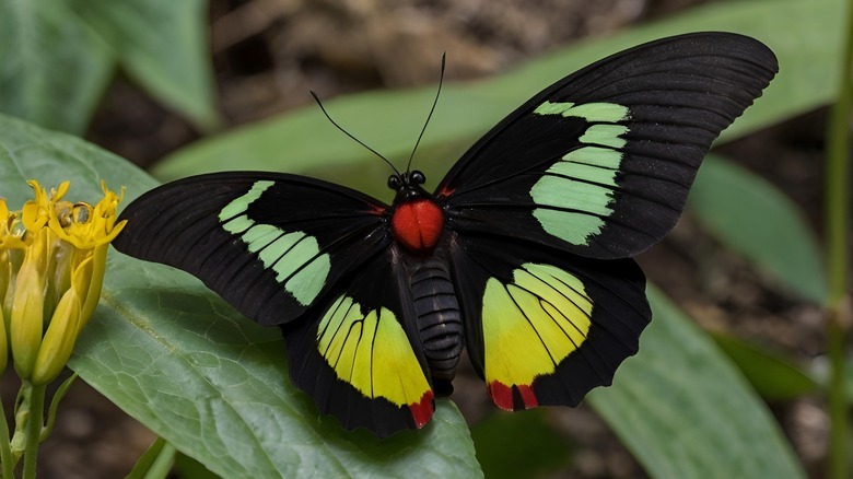 A Queen Alexandra's birdwing butterfly sits on leaves