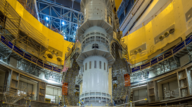 Installed sector #2 of ITER tokamak, multi-story metal column inside large facility