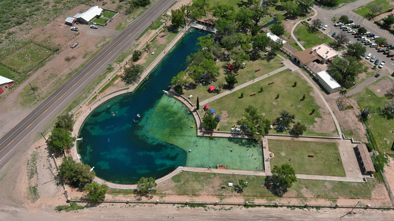 Aerial drone photo of the world largest spring fed pool at Balmorhea State Park in west Texas