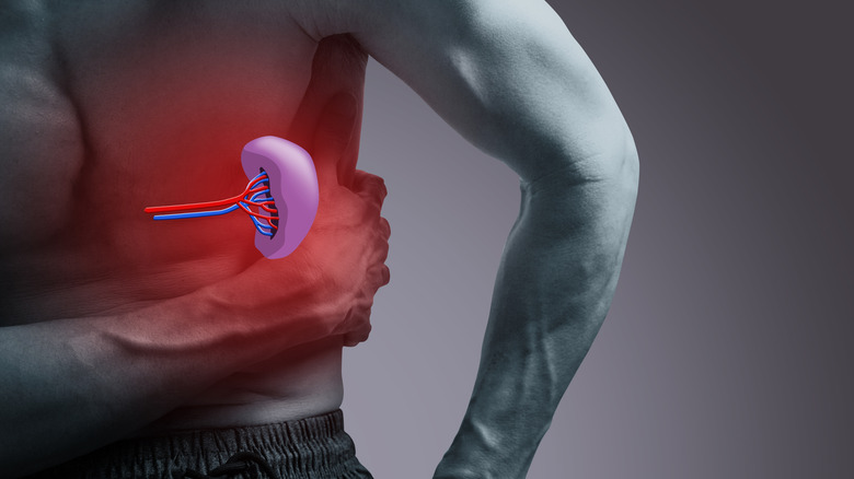 Man holding arm across left side of body with spleen illustration