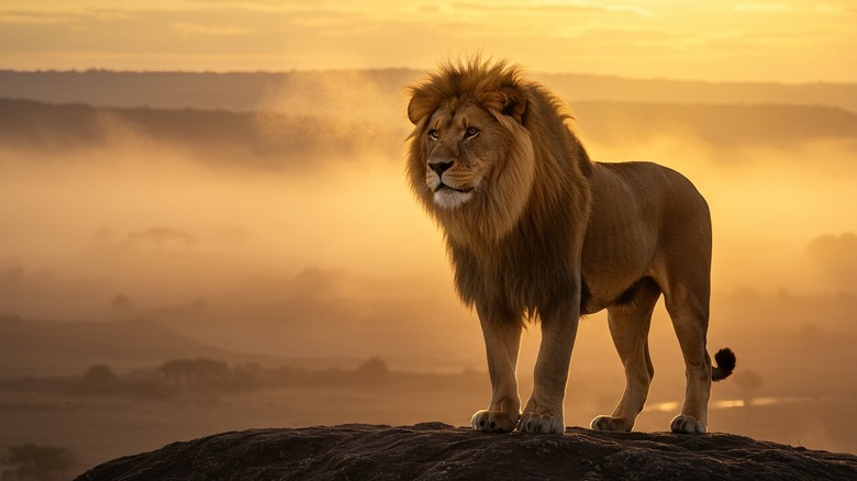A lion is standing on a rock against a dusty savannah