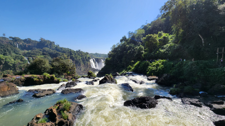 Iguaçu Falls waterfalls are seen among rapids on the Iguaçu River