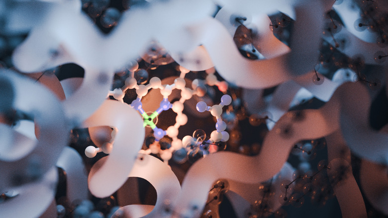 3D render of metformin molecule binding to cell structures surrounded by squiggly white molecules