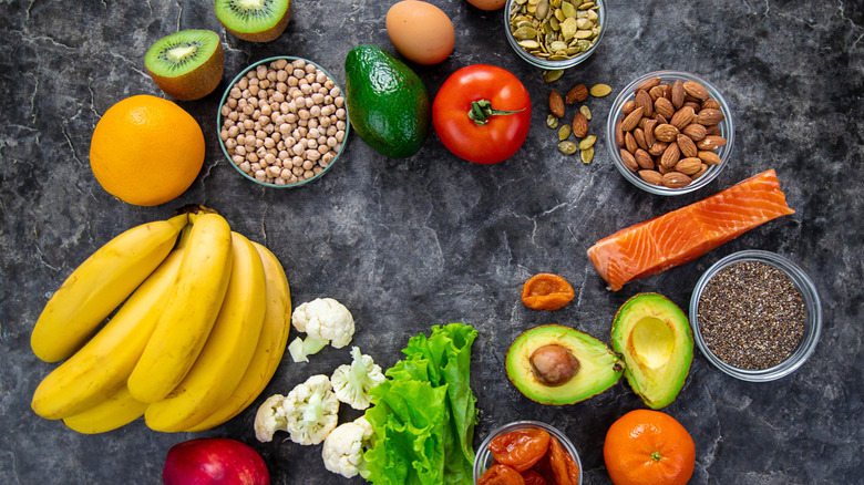 A collection of fruits and vegetables that are good sources of potassium